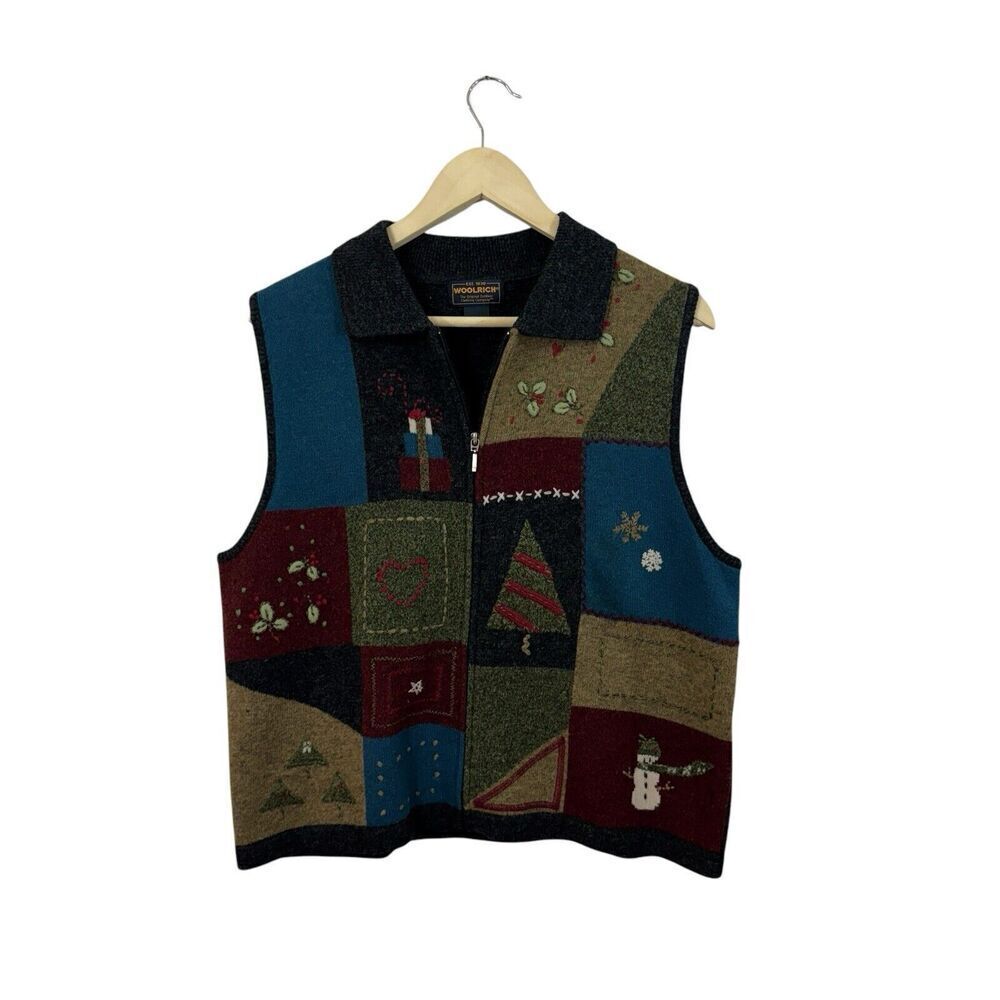 Woolrich X-Large Wool Sweater Vest Christmas Embroidered Classic Zip Womens